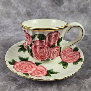 Vintage Porcelain Cup & Saucer Pink Roses Gold Accents Wavy Texture No Markings